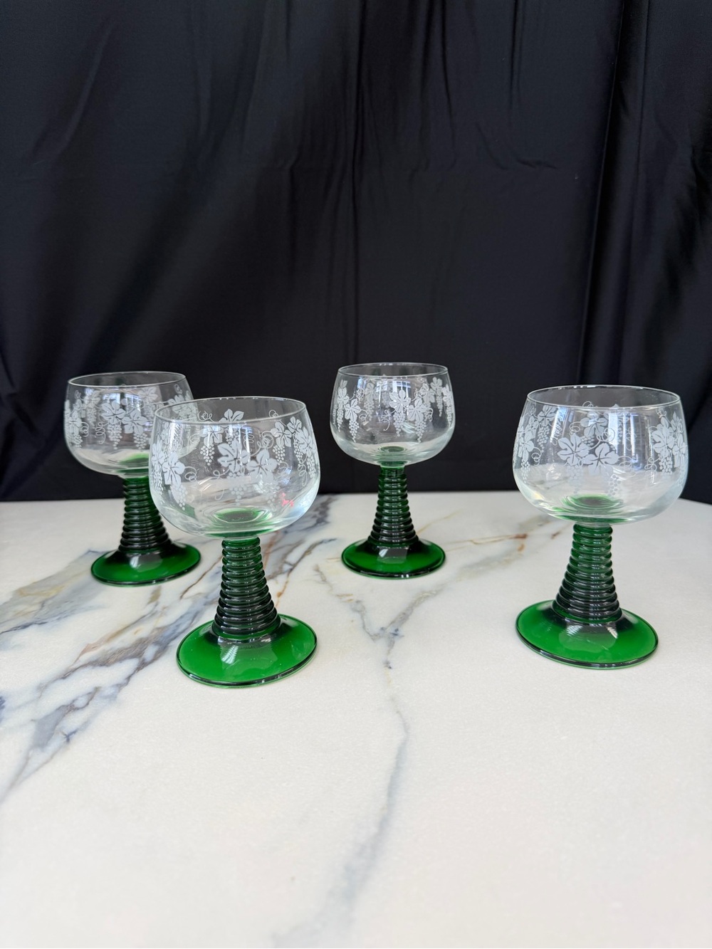 Vintage Roemer Wine Glasses Set of 4 - Green Beehive Stem Etched Grapevine
